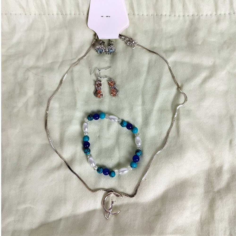 Unbranded Cat Moon Pendant Necklace Beaded Bracelet Rhinestone Earrings Set Blue